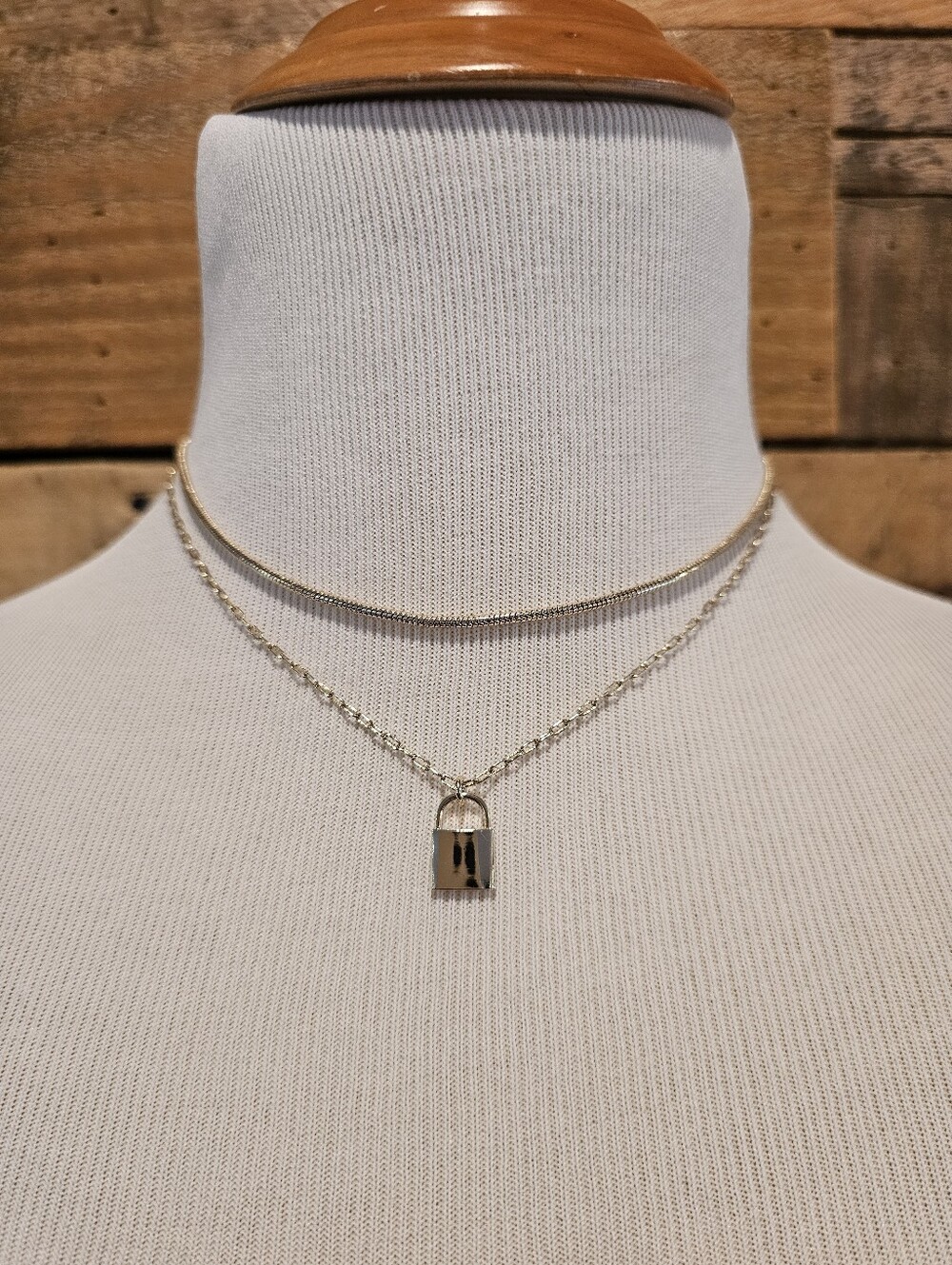 Goldtone Layered Necklace w/ Padlock Charm